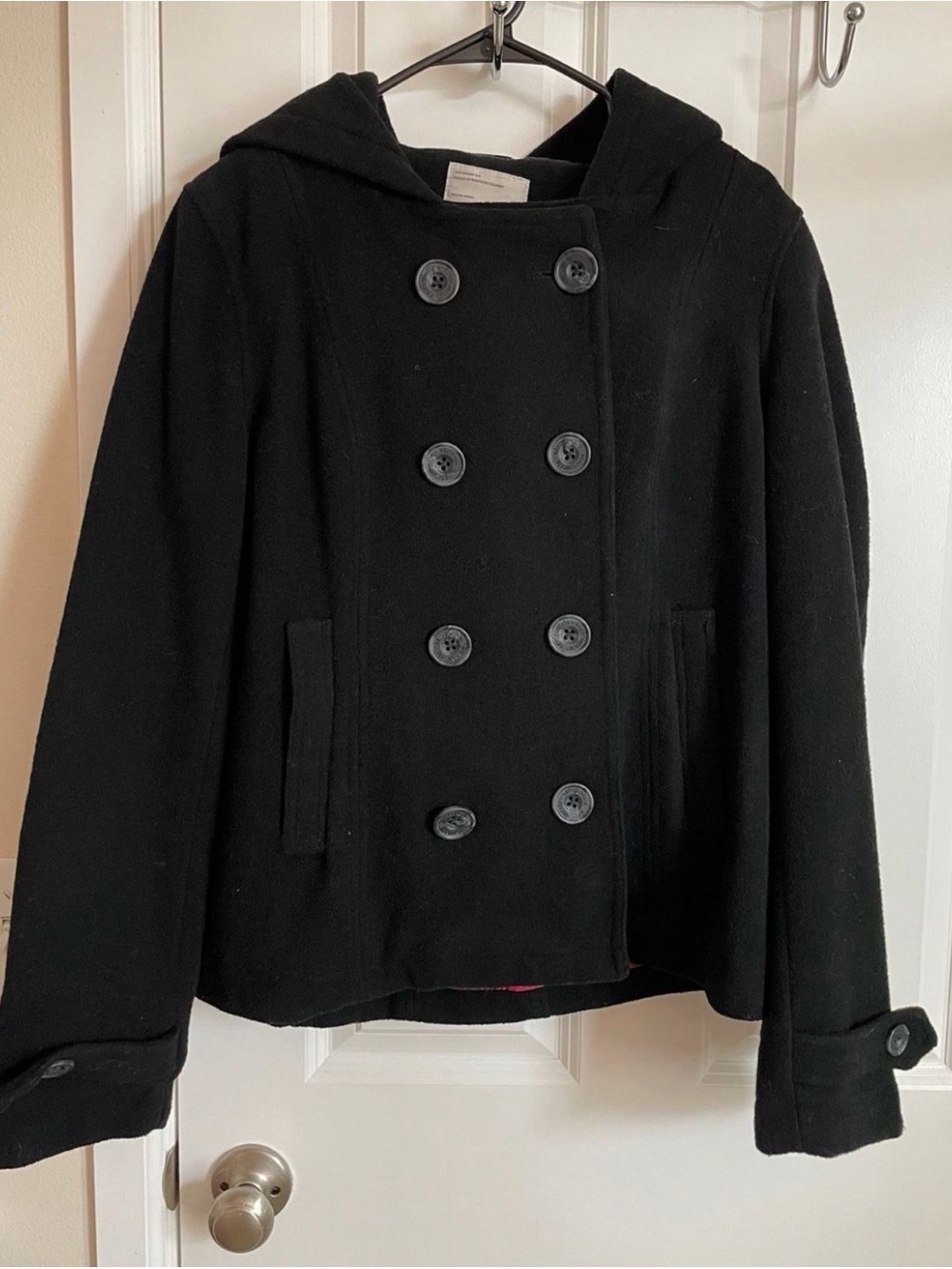 Aeropostale Black Double-Breasted Hooded Pea Coat